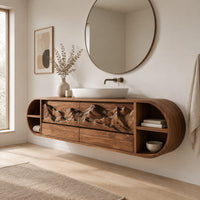 Pill shaped floating cabinet with carved mountain front and open end cubbies in a Scandinavian bathroom with white walls