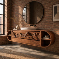Pill shaped floating cabinet with carved mountain front and open end cubbies in an industrial loft bathroom with exposed brick