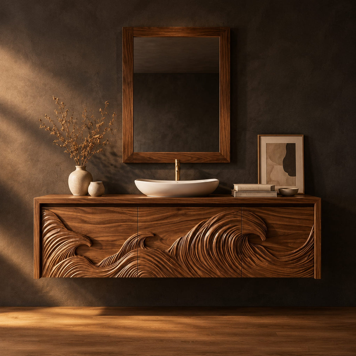 Floating cabinet with ocean wave relief carved across three fronts in a dark studio against a charcoal plaster wall