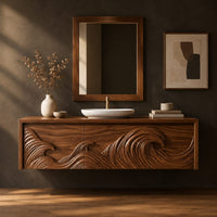 Corner detail of floating cabinet with ocean wave relief carved across three fronts beside wood, brass and linen samples