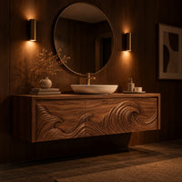 Floating cabinet with ocean wave relief carved across three fronts in an evening bathroom with walnut wall paneling