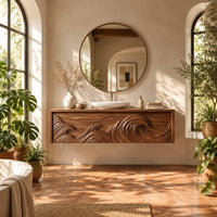 Floating cabinet with ocean wave relief carved across three fronts in a bright bathroom with arched windows and plants