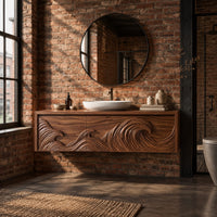 Floating cabinet with ocean wave relief carved across three fronts in an industrial loft bathroom with exposed brick