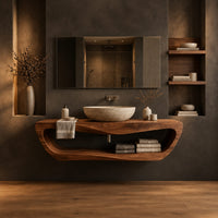 Floating bathroom vanity with a large open loop shelf below the top in a dark studio against a charcoal plaster wall