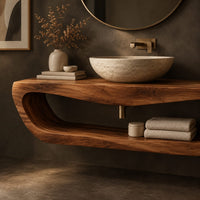 Corner detail of floating bathroom vanity with a large open loop shelf below the top beside wood, brass and linen samples