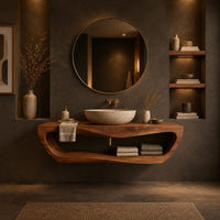 Floating bathroom vanity with a large open loop shelf below the top in a dark bathroom at golden hour