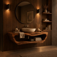 Floating bathroom vanity with a large open loop shelf below the top in an evening bathroom with walnut wall paneling