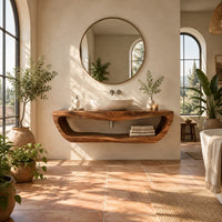 Floating bathroom vanity with a large open loop shelf below the top in a bright bathroom with arched windows and plants