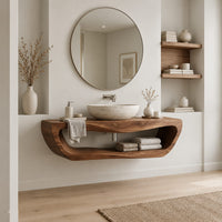 Floating bathroom vanity with a large open loop shelf below the top in a Scandinavian bathroom with white walls