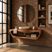 Floating bathroom vanity with a large open loop shelf below the top in an industrial loft bathroom with exposed brick