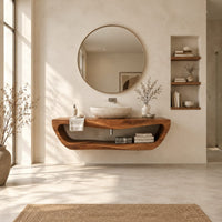 Floating bathroom vanity with a large open loop shelf below the top in a bright open plan bathroom