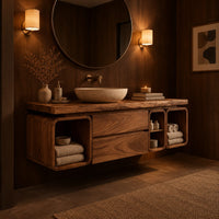 Floating wooden bathroom vanity cabinet with open cubbies and a thick top in an evening bathroom with walnut wall paneling