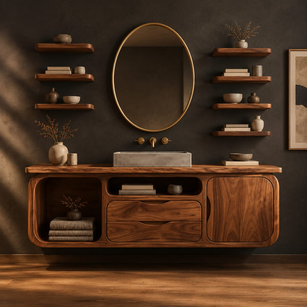 Floating Bathroom Vanity With Open Cubby, Two Drawers And Door