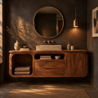 Floating bathroom vanity cabinet with an open cubby, two drawers and a door in a dark bathroom at golden hour