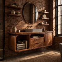 Floating bathroom vanity cabinet with an open cubby, two drawers and a door in an industrial loft bathroom with exposed brick