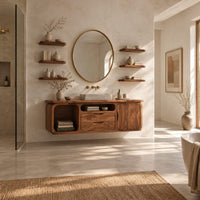 Floating bathroom vanity cabinet with an open cubby, two drawers and a door in a bright open plan bathroom
