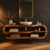 Floating bathroom vanity with an open loop frame and two shelves in a dark studio against a charcoal plaster wall