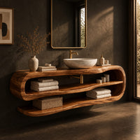 Floating bathroom vanity with an open loop frame and two shelves, three-quarter view showing the grain