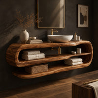 Corner detail of floating bathroom vanity with an open loop frame and two shelves beside wood, brass and linen samples