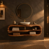 Floating bathroom vanity with an open loop frame and two shelves in a dark bathroom at golden hour