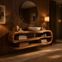 Floating bathroom vanity with an open loop frame and two shelves in an evening bathroom with walnut wall paneling