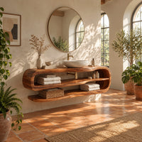 Floating bathroom vanity with an open loop frame and two shelves in a bright bathroom with arched windows and plants