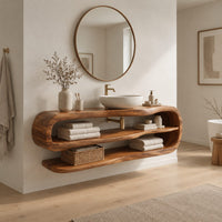 Floating bathroom vanity with an open loop frame and two shelves in a Scandinavian bathroom with white walls
