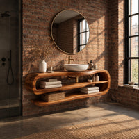 Floating bathroom vanity with an open loop frame and two shelves in an industrial loft bathroom with exposed brick
