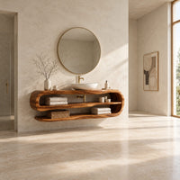 Floating bathroom vanity with an open loop frame and two shelves in a bright open plan bathroom
