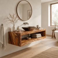 Floating wooden bathroom vanity with a slab top and an open shelf below in a Scandinavian bathroom with white walls