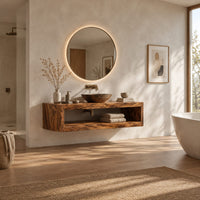 Floating wooden bathroom vanity with a slab top and an open shelf below in a bright open plan bathroom