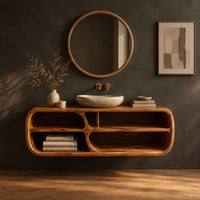 Floating open shelf bathroom vanity with curved capsule shaped ends in a dark studio against a charcoal plaster wall