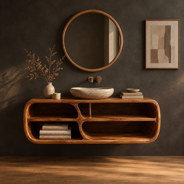 Floating Bathroom Vanity With Open Shelf Bays And Curved Ends
