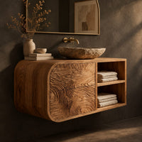 Corner detail of floating bathroom vanity with rippled drawers and open shelves beside wood, brass and linen samples