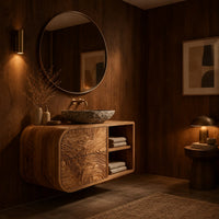 Floating bathroom vanity with rippled drawers and open shelves in an evening bathroom with walnut wall paneling