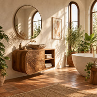 Floating bathroom vanity with rippled drawers and open shelves in a bright bathroom with arched windows and plants