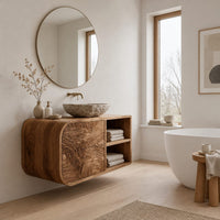 Floating bathroom vanity with rippled drawers and open shelves in a Scandinavian bathroom with white walls
