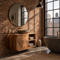 Floating bathroom vanity with rippled drawers and open shelves in an industrial loft bathroom with exposed brick