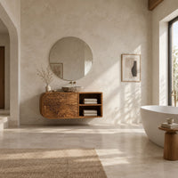 Floating bathroom vanity with rippled drawers and open shelves in a bright open plan bathroom