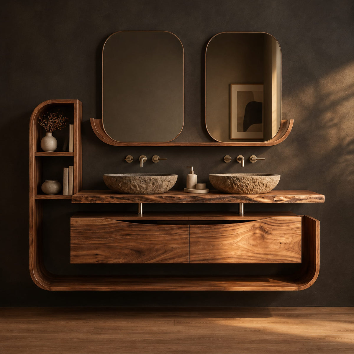 Floating bathroom vanity cabinet with a side shelf tower and open lower shelf in a dark studio against a charcoal plaster wall
