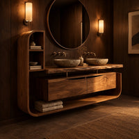 Floating bathroom vanity cabinet with a side shelf tower and open lower shelf in an evening bathroom with walnut wall paneling