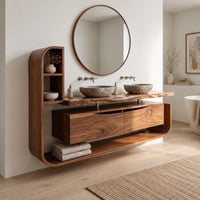 Floating bathroom vanity cabinet with a side shelf tower and open lower shelf in a Scandinavian bathroom with white walls