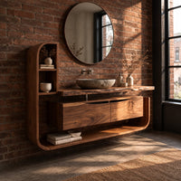 Floating bathroom vanity cabinet with a side shelf tower and open lower shelf in an industrial loft bathroom with exposed brick