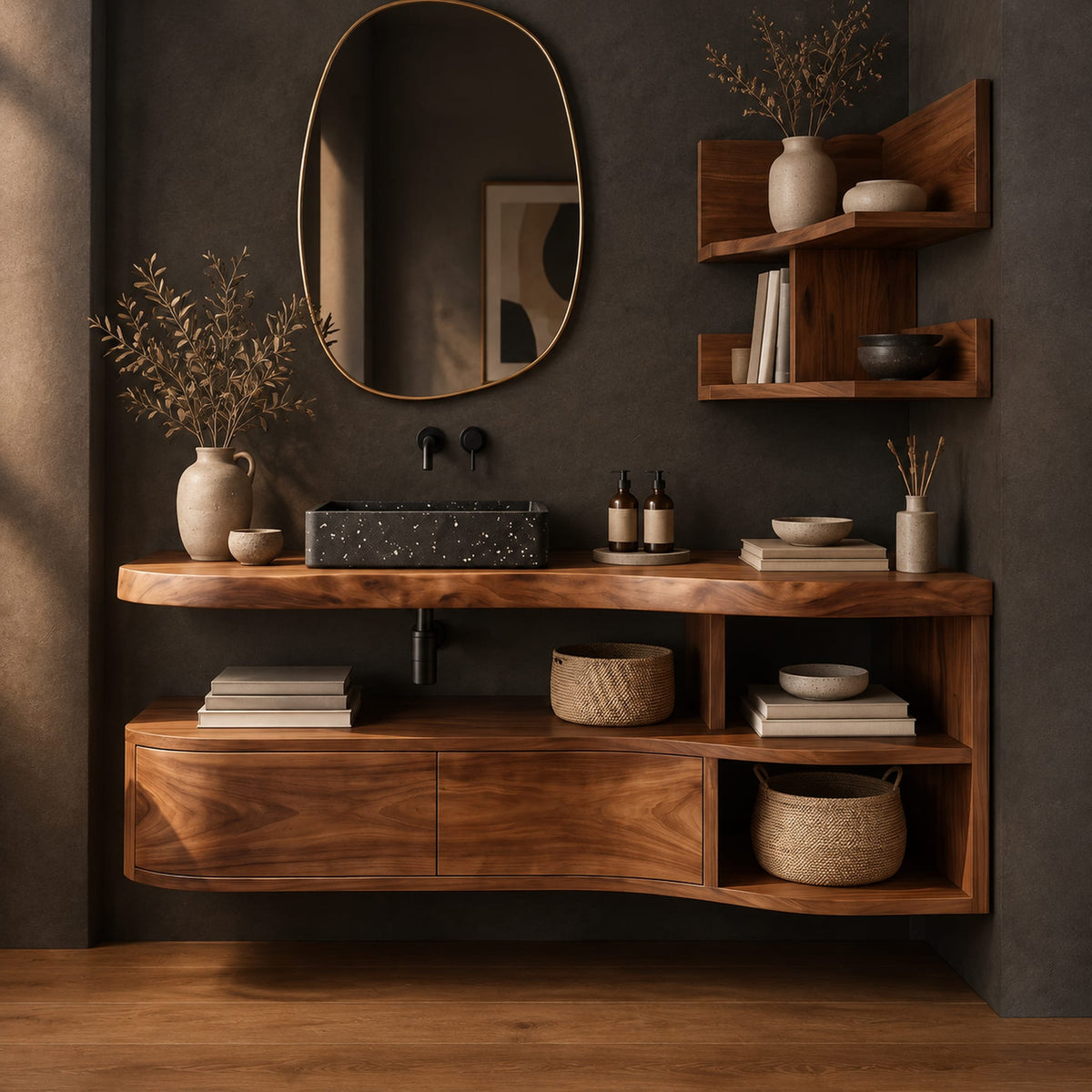 Floating bathroom vanity cabinet with a slab top and open cubbies at one end in a dark studio against a charcoal plaster wall