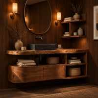 Floating bathroom vanity cabinet with a slab top and open cubbies at one end in an evening bathroom with walnut wall paneling