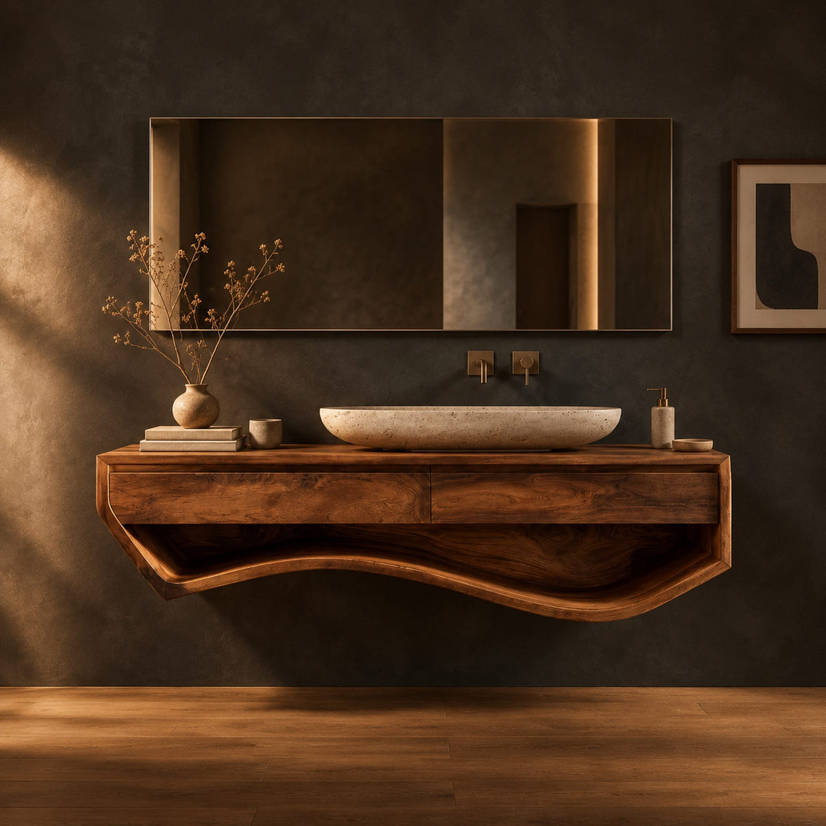 Floating wood vanity cabinet with a sweeping wave shaped open shelf underneath in a dark studio against a charcoal plaster wall
