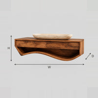 Floating Bathroom Vanity With Sweeping Curved Open Shelf Below dimension diagram with width, height and depth