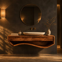 Floating wood vanity cabinet with a sweeping wave shaped open shelf underneath in a dark bathroom at golden hour