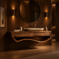 Floating wood vanity cabinet with a sweeping wave shaped open shelf underneath in an evening bathroom with walnut wall paneling