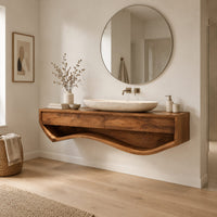Floating wood vanity cabinet with a sweeping wave shaped open shelf underneath in a Scandinavian bathroom with white walls